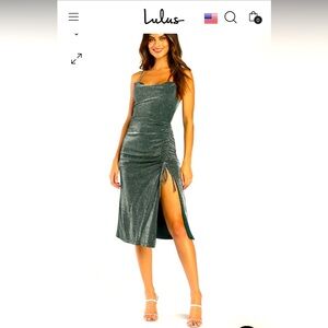 Lulu’s, Size S, Green and Silver Cowl Neck Ruched Midi Dress, NWT